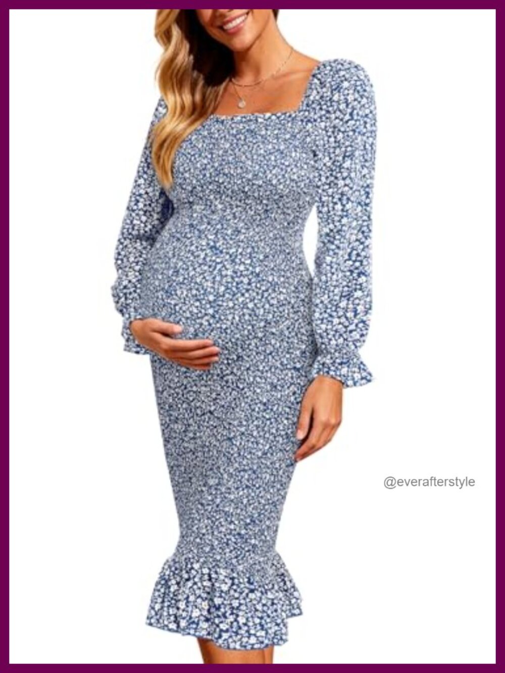 Maternity Midi Dress Long Puff Sleeve Smocked Bodycon Baby Shower